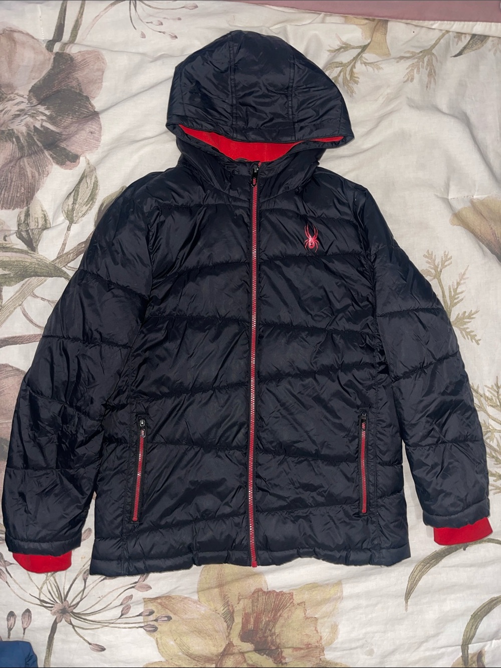 Spyder Black Hooded Puffer Jacket with Red Trim